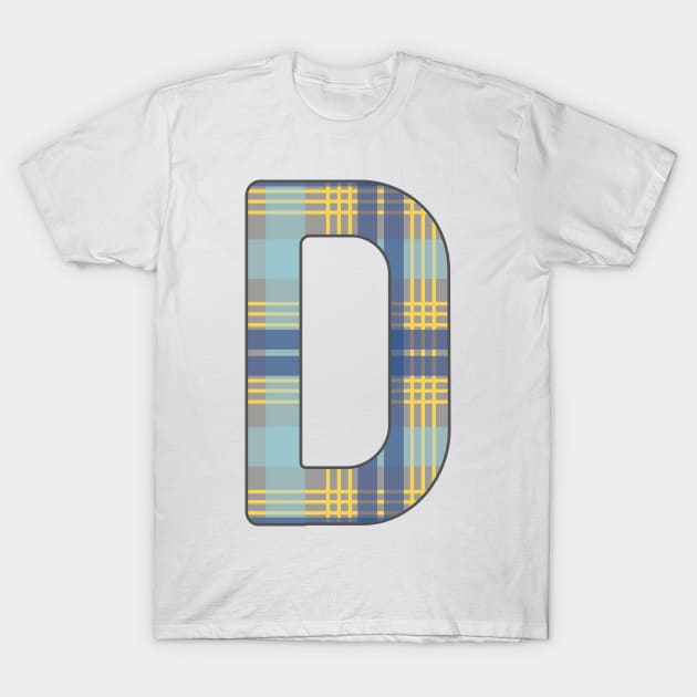 Monogram Letter D, Blue, Yellow and Grey Scottish Tartan Style Typography Design T-Shirt by MacPean